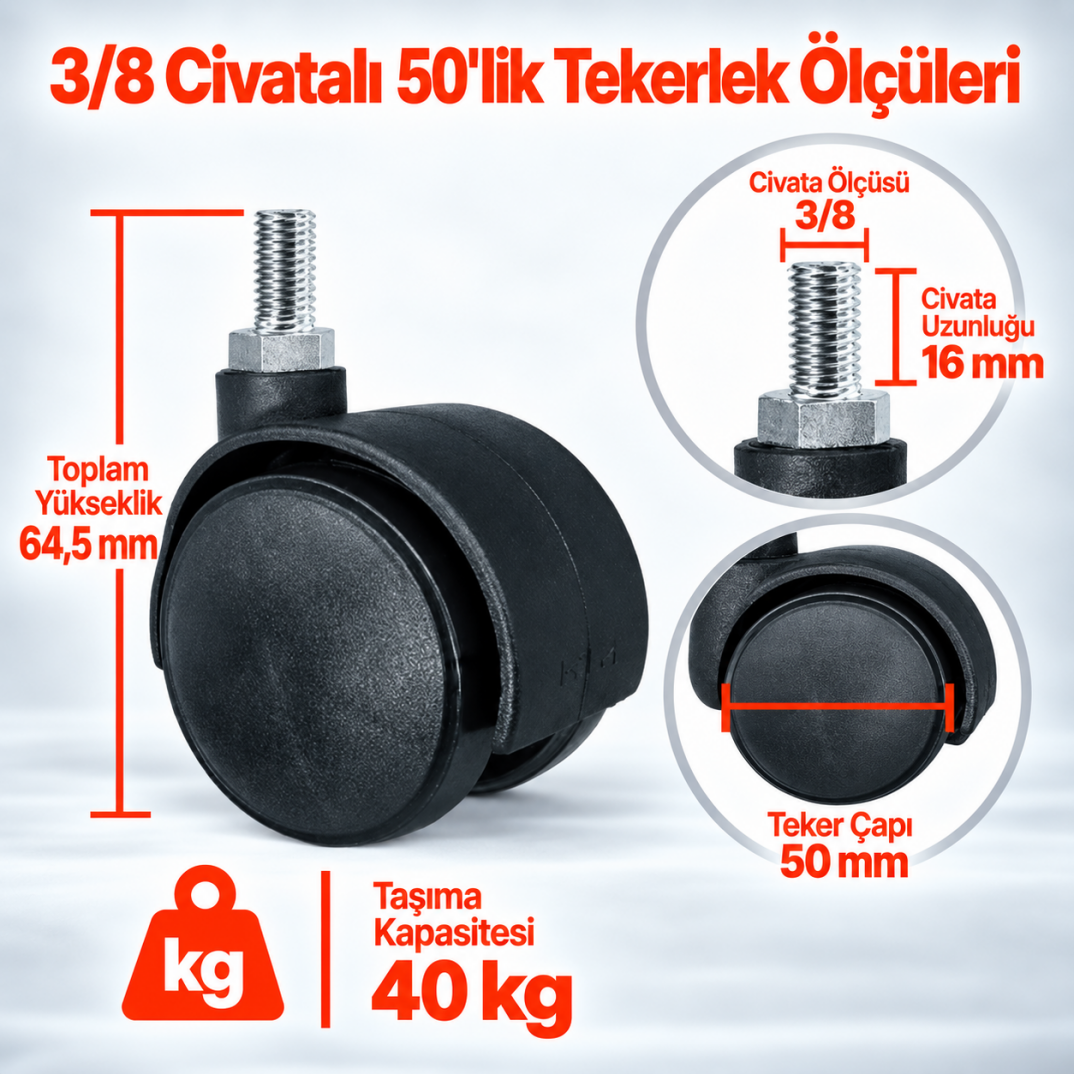 3/8 Civatalı 50Lik Sandalye-Koltuk Tekerleği - 2