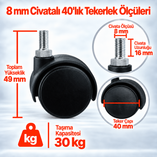 8MM Civatalı 40Lik Sandalye-Koltuk Tekerleği - 2