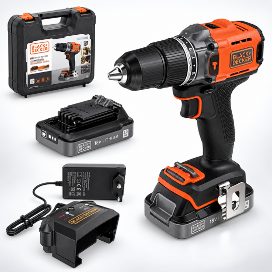 Black+Decker Akülü Darbeli Matkap 18V 2.0Ah, Çift Akülü BCD383D2XK