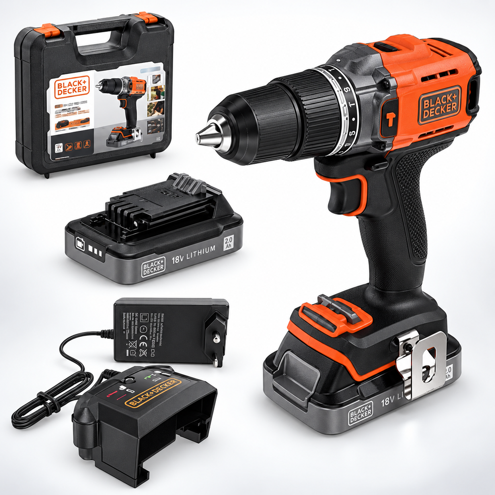 Black+Decker Akülü Darbeli Matkap 18V 2.0Ah, Çift Akülü BCD383D2XK - 1
