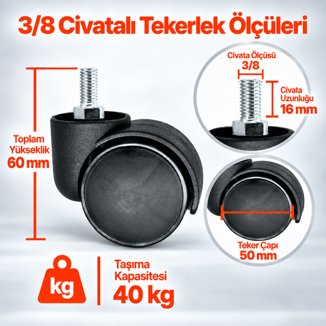 Bürosit 3/8 Civatalı Sandalye-Koltuk Tekerleği - 2