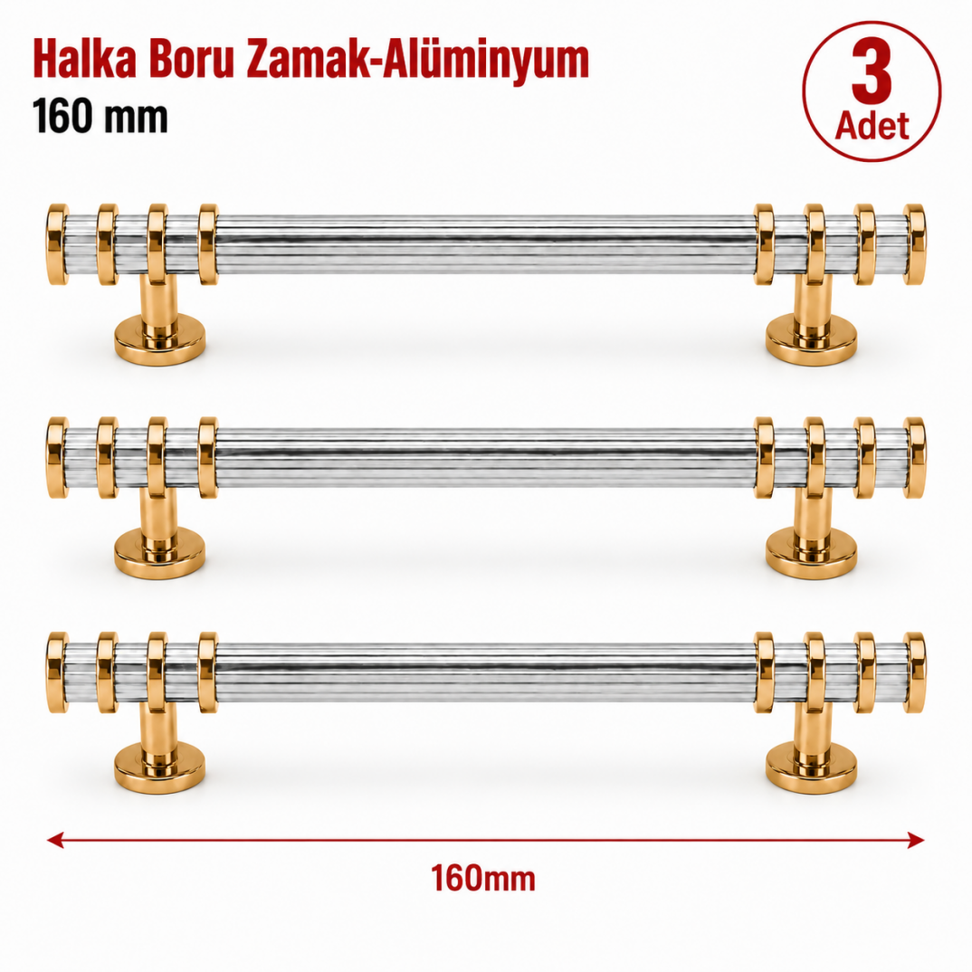 Halka Boru Alüminyum Zamak Mobilya Kulpu Altın-Beyaz 160 mm 3'lü  - 1