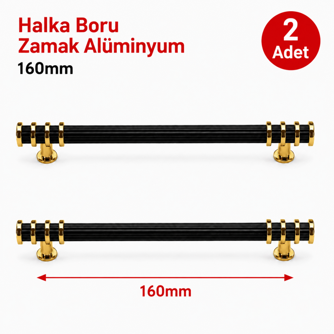 Halka Boru Alüminyum Zamak Mobilya Kulpu Altın-Siyah 160 mm 2'li - 1