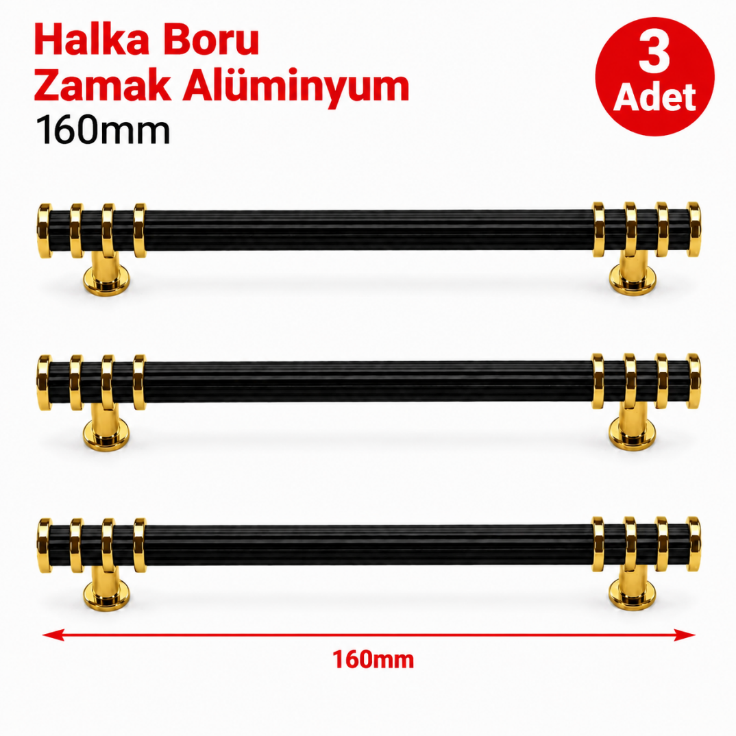 Halka Boru Alüminyum Zamak Mobilya Kulpu Altın-Siyah 160 mm 3'lü - 1