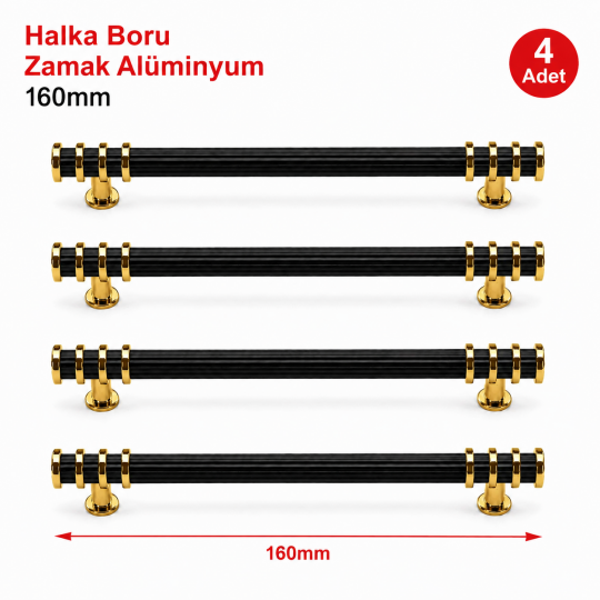 Halka Boru Alüminyum Zamak Mobilya Kulpu Altın-Siyah 160 mm 4'lü