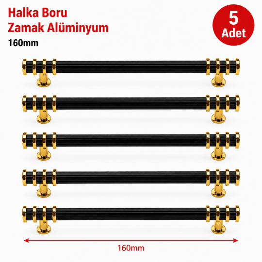 Halka Boru Alüminyum Zamak Mobilya Kulpu Altın-Siyah 160 mm 5'li