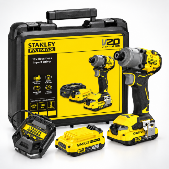 Stanley Fatmax Akülü Darbeli Vidalama 18V Li-Ion V20, Kömürsüz, Çift Akülü SFMCF830D2K