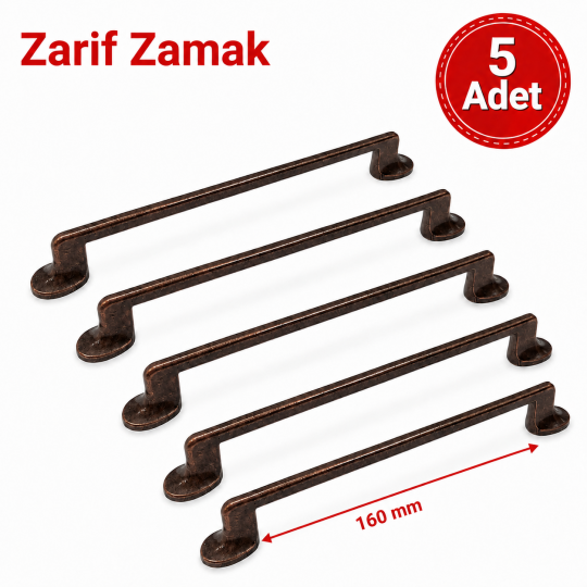 Zarif Zamak Mobilya Kulpu Antik Bakır 160 mm 5'li 